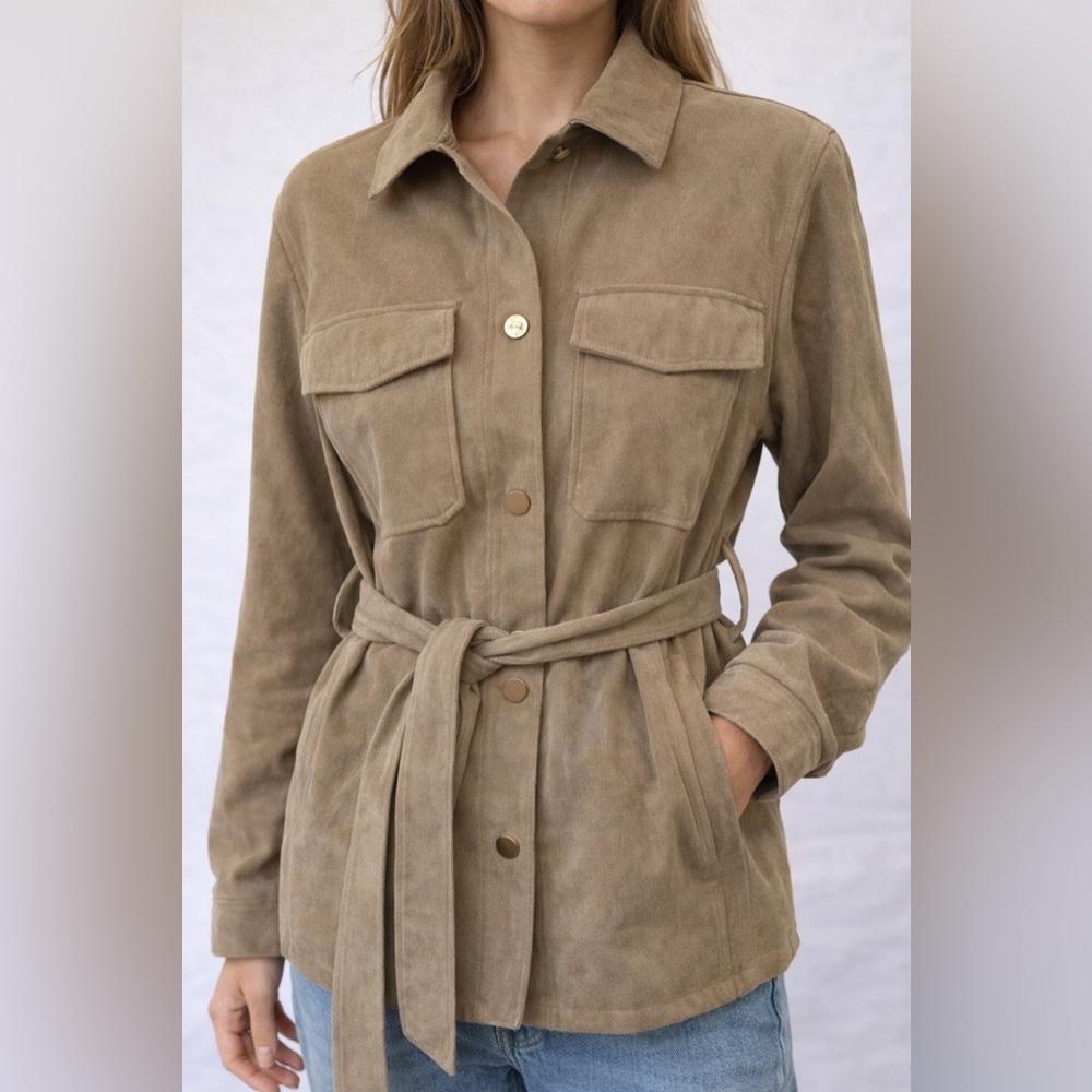ZARA Belted Utility Overshirt Jacket M Khaki Button Down
